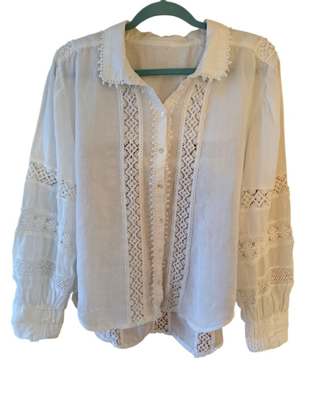 Anthropologie Womens Lace Embellished Blouse Size Medium White Cottagecore